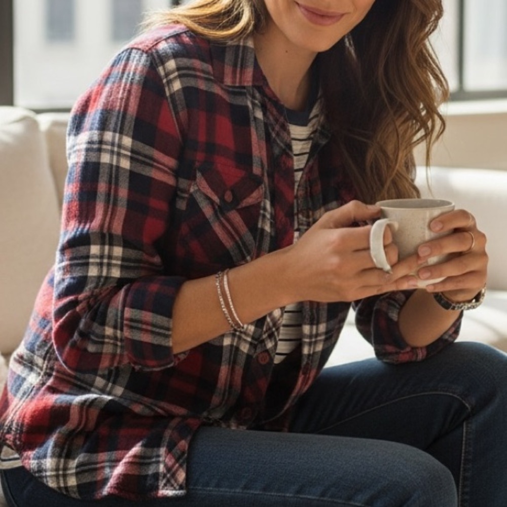 Beach Lunch Lounge Red, White, Blue Gauze Flannel Button Down Top